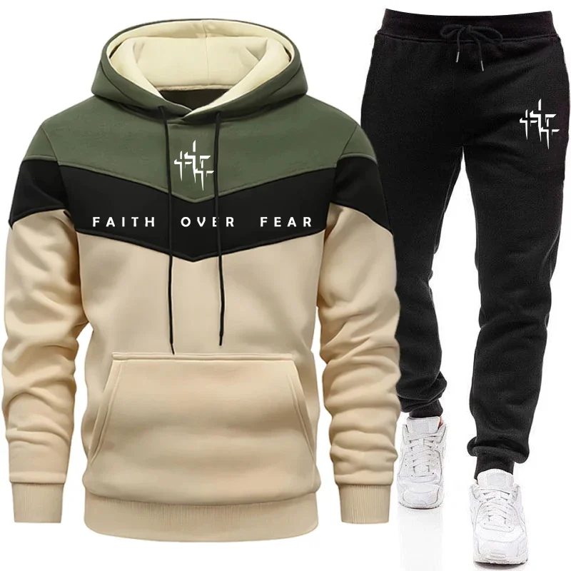 Men Shoes Joggers - Faith Over Fear メンズ トラックスーツ フード付きスウェットシャツとジョガーパンツ