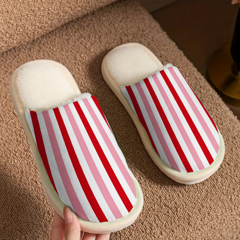 Men Shoes Red - 赤とピンクのストライプ柄の豪華なプラッシュスリッパ、男女兼用、冬用暖かい室内用ホームシューズ、柔らかく軽量な寝室用スリッパ