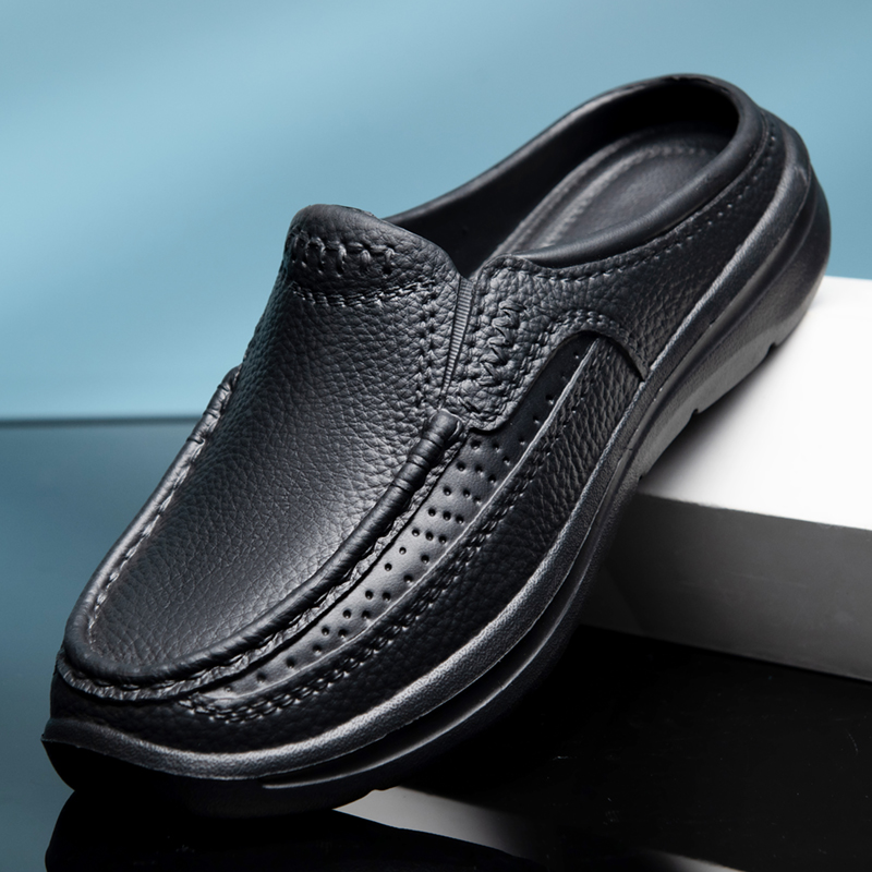 Men'S Shoes Lightweight - 夏用スリッパ、ガーデンサンダル、防水・滑り止め加工のシェフシューズ、軽量、大きいサイズ、快適な黒革靴、アウトドアサンダル