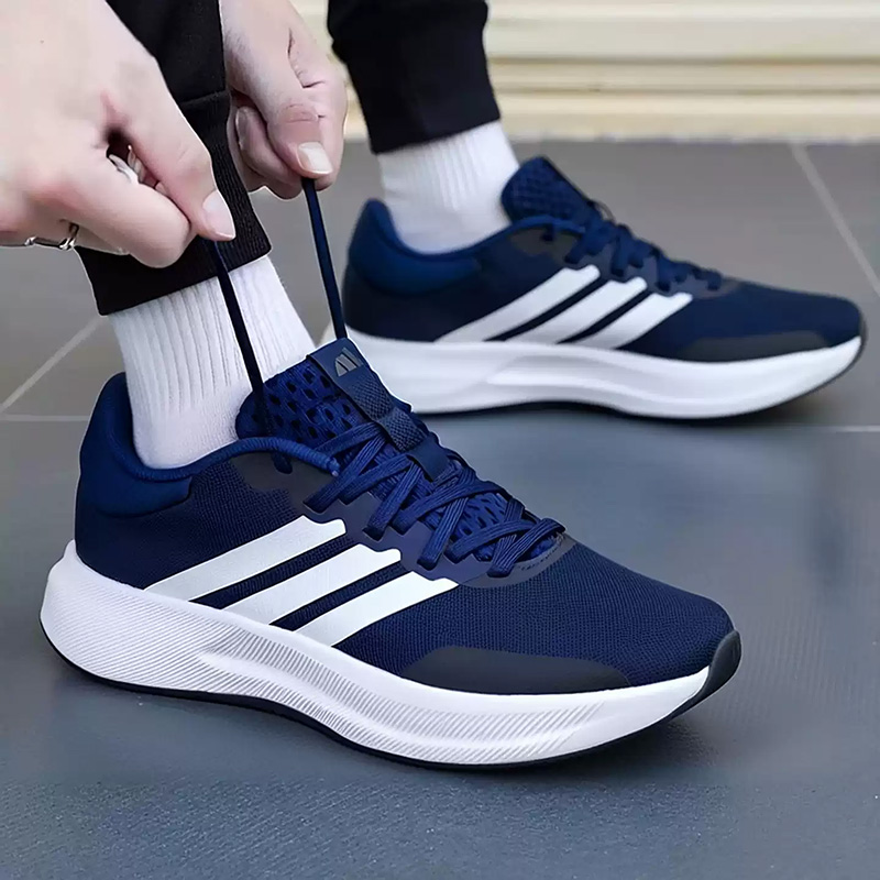 Men Shoes Jd - アディダス ネイビーブルー スリーストライプス 通気性メッシュ 軽量クッション ランニングスニーカー