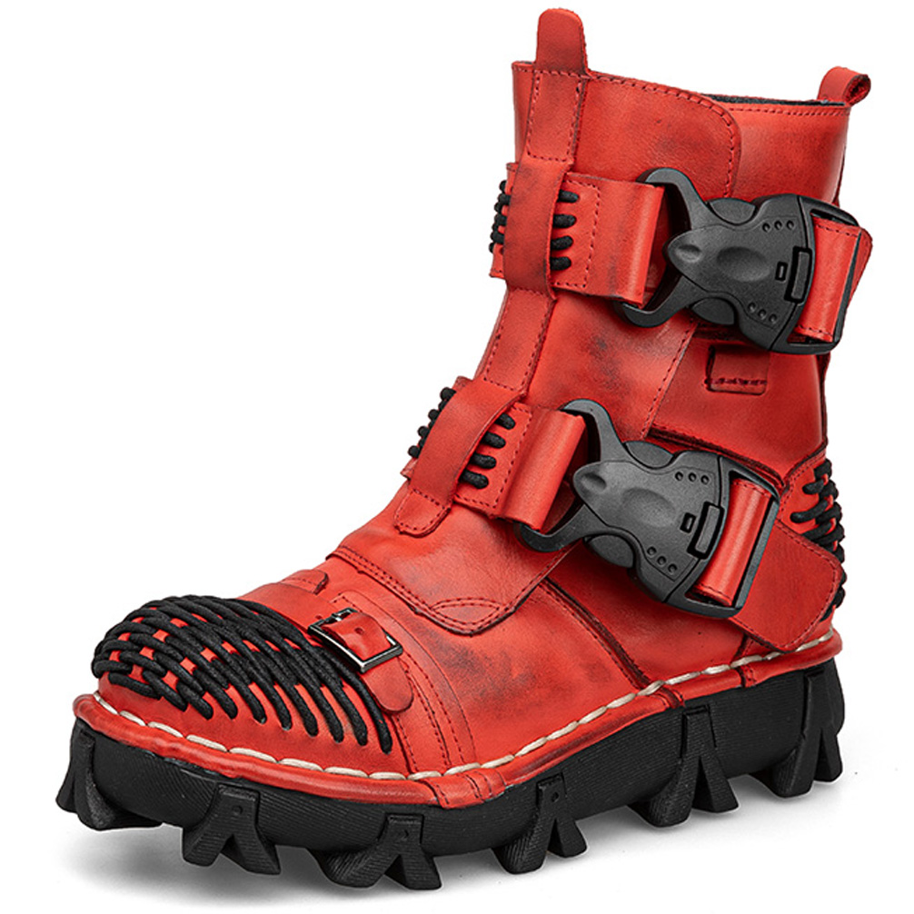 Men Shoes Red - メンズ本革オートバイブーツ、ゴススカルバックルストラップパンク厚いヒールミッドカーフコンバットブーツ作業靴レッド
