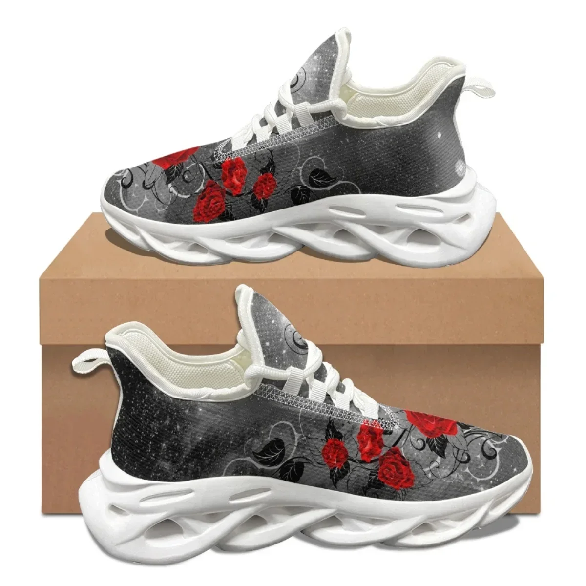 Men Shoes Red - バレンタインデーギフト 3D レッドローズデザイン レディーススニーカー 快適な衝撃吸収ランニングシューズ 軽量フラットシューズ