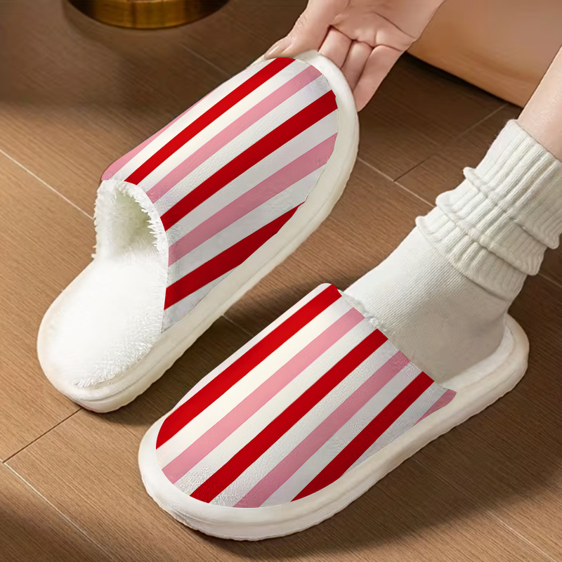 赤とピンクのストライプ柄の豪華なプラッシュスリッパ、男女兼用 - Men Shoes Red のレビューと価格