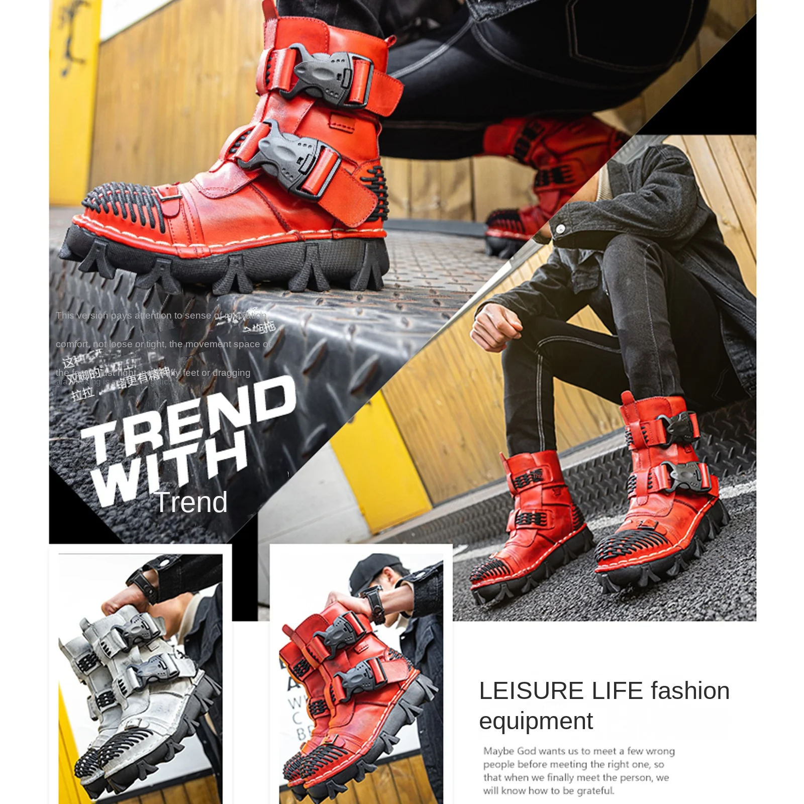 メンズ本革オートバイブーツ、ゴススカルバックルストラップパン - Men Shoes Red のレビューと価格